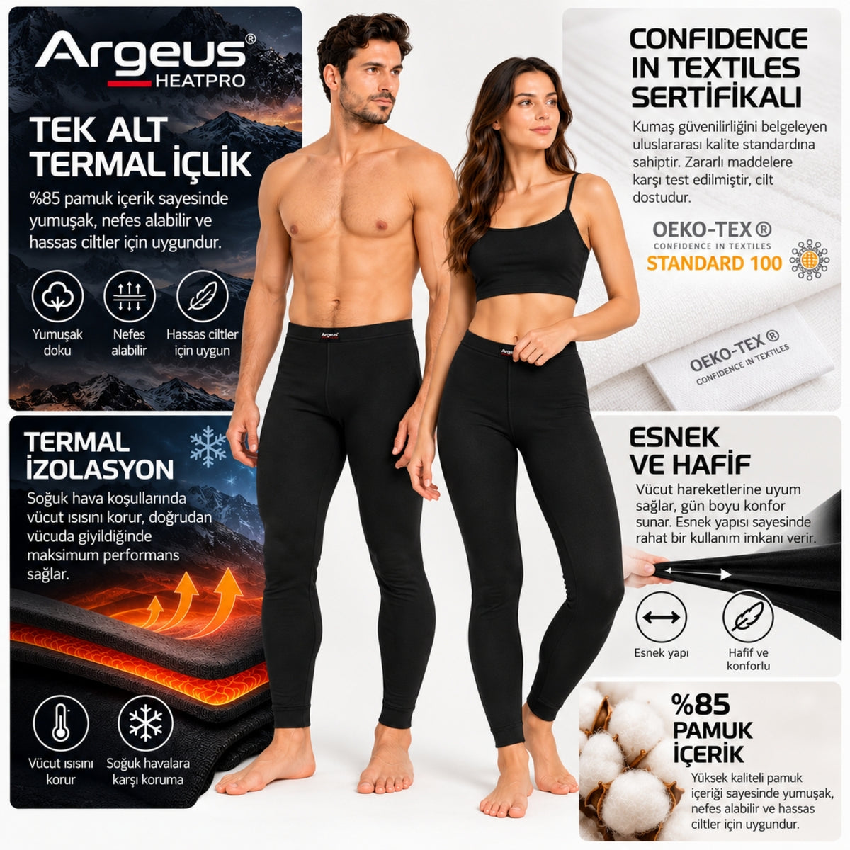 Yetişkin Termal Alt İçlik Tayt - Pamuklu - Argeus - HeatPro - Siyah