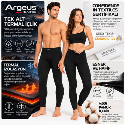 Yetişkin Termal Alt İçlik Tayt - Pamuklu - Argeus - HeatPro - Siyah
