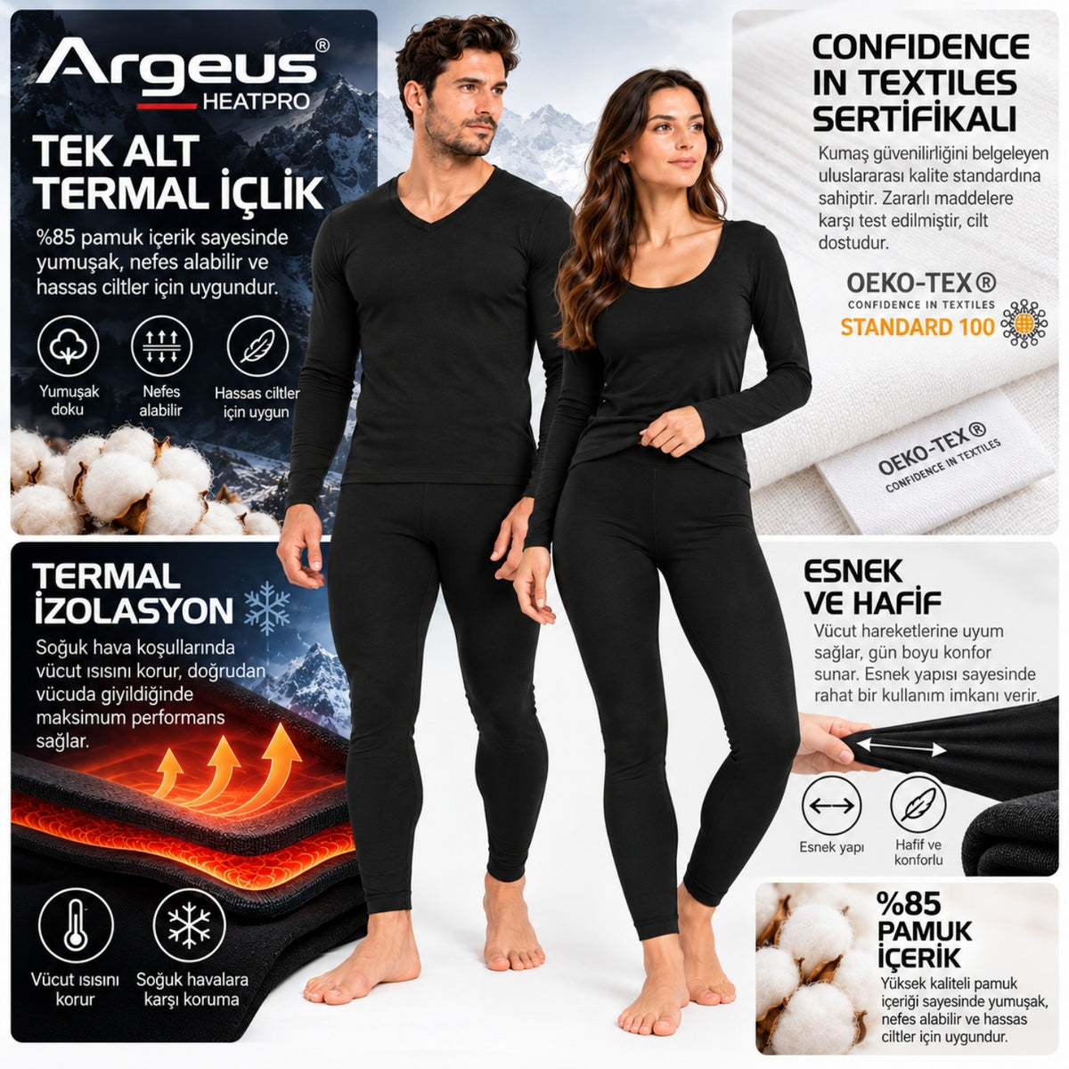 Yetişkin Termal İçlik Takım - Pamuklu - Argeus - HeatPro - Siyah