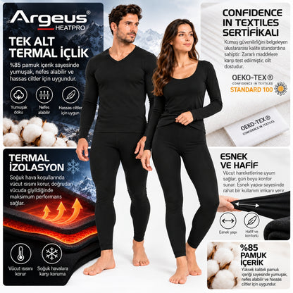 Yetişkin Termal İçlik Takım - Pamuklu - Argeus - HeatPro - Siyah