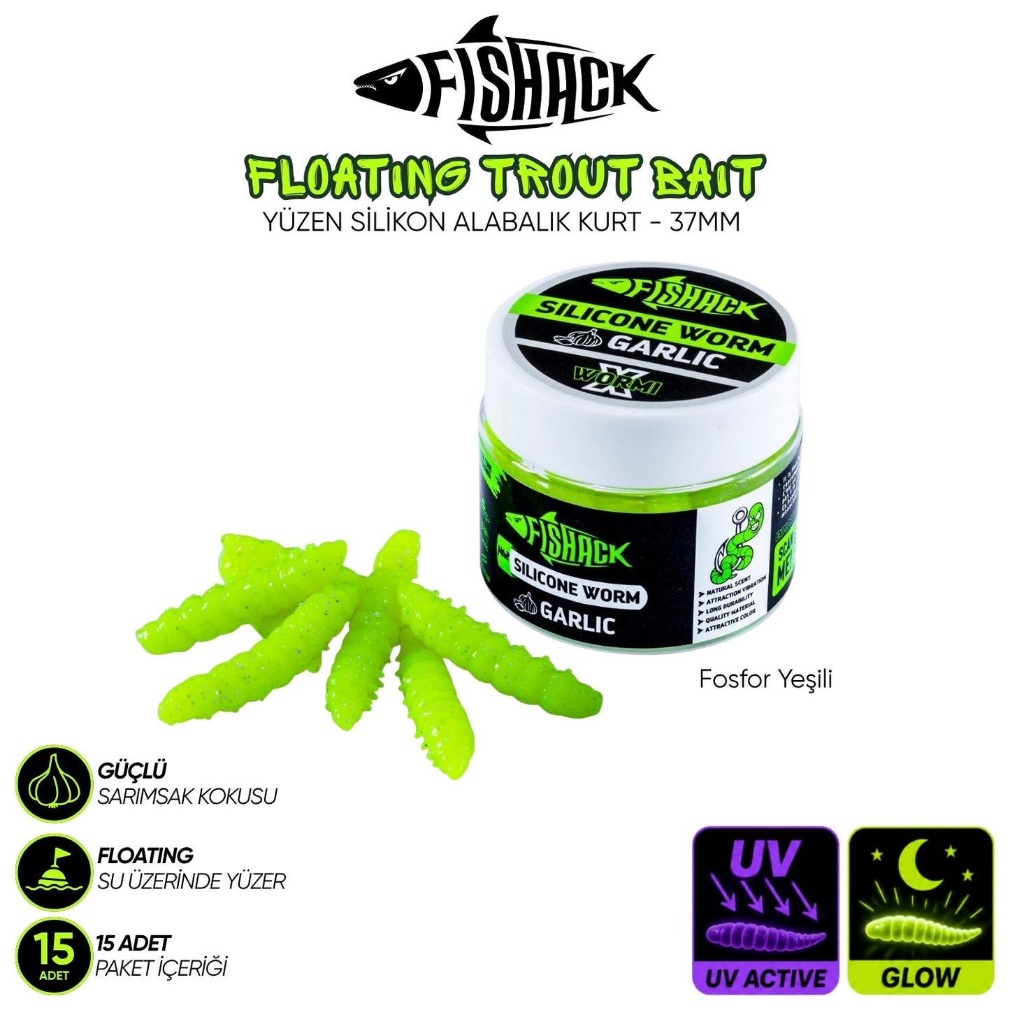 Yüzen Silikon Kurt - Glow Alabalık Yemi - 37mm - Sarımsak Kokulu